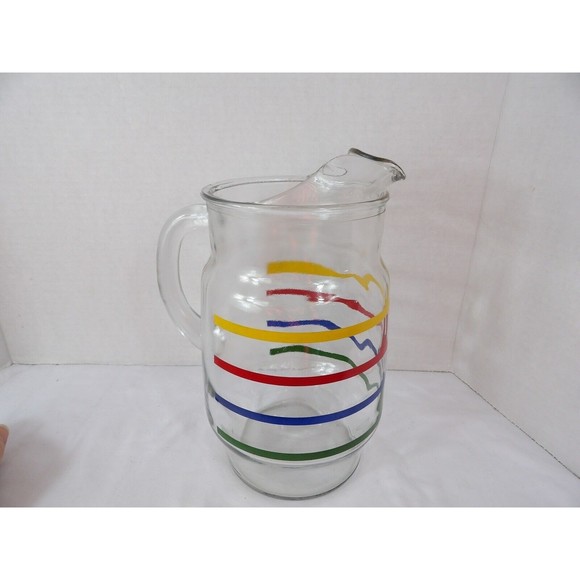 Retro Pitcher Anchor Hocking Fiesta  Glass Ice Lip Primary Rainbow Stripe 72 Oz - Picture 6 of 12